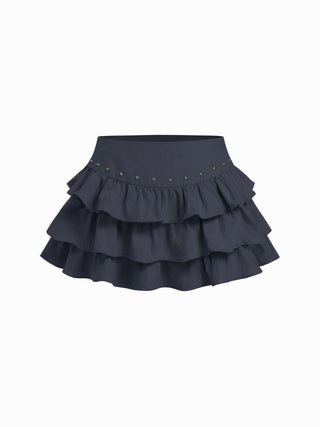 Low Rise Ruffled Metal Detail Layered Mini Skort