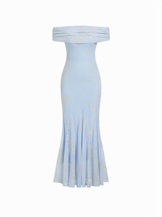 Mesh Floral Off-shoulder Ruched Mermaid Maxi Dress