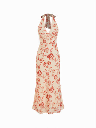 Chiffon Sweetheart Floral Backless Tie Back Mermaid Maxi Dress
