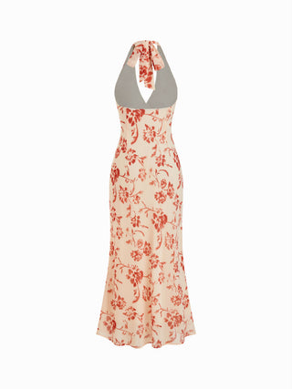 Chiffon Sweetheart Floral Backless Tie Back Mermaid Maxi Dress