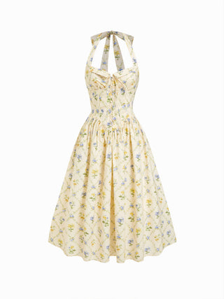 Cotton-blend Sculptural Ditsy Floral Halter Neckline Knotted A-line Maxi Dress