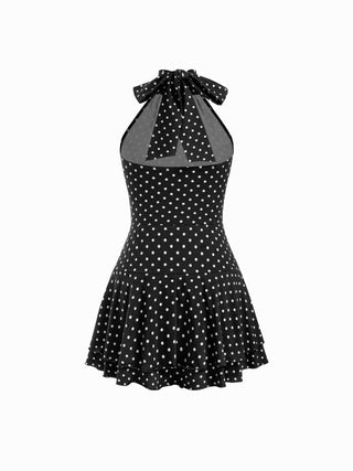 Chiffon Polka Dot Halter Neckline Ruffled Tie Back Mini Dress