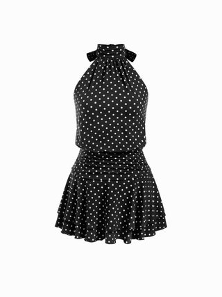 Chiffon Polka Dot Halter Neckline Ruffled Tie Back Mini Dress