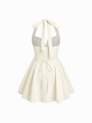 Woven Linen-blend Halter Neckline Bowknot A-line Mini Dress For Daily Casual Date