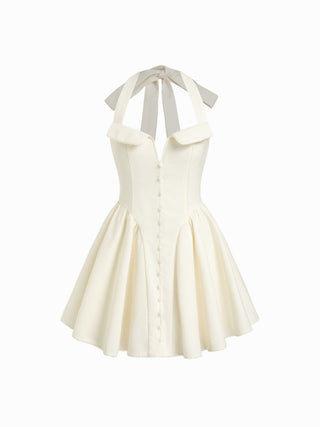 Woven Linen-blend Halter Neckline Bowknot A-line Mini Dress For Daily Casual Date