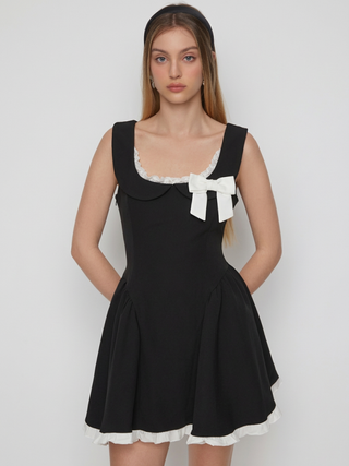 Cotton-blend Peter Pan Collar Bowknot Ruffled A-line Mini Dress