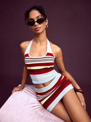Knit Halter Neck Striped Tank Top & Low Rise Mini Skirt Set