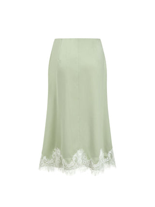 Satin Mid Rise Polka Dot Lace Trim A-line Midi Skirt