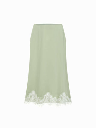 Satin Mid Rise Polka Dot Lace Trim A-line Midi Skirt