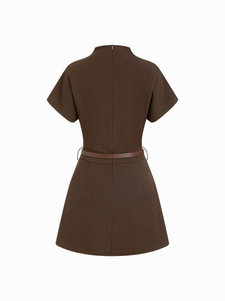 Stand Collar Short Sleeve Ruched A-line Mini Dress With Belt