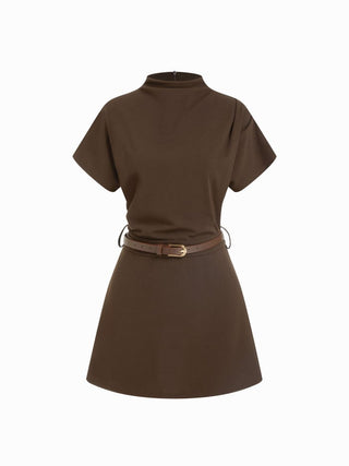 Stand Collar Short Sleeve Ruched A-line Mini Dress With Belt