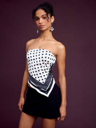Polka Dot Strapless Shirred Asymmetrical Hem Bandeau Top