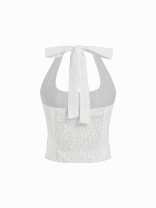 Cotton Jacquard Halter Neckline Ruched Shirred Blouse