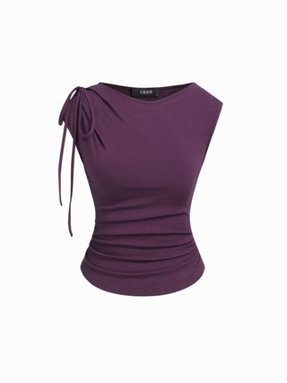 Asymmetrical Neck Bowknot Cinched Waist Ruched Tee
