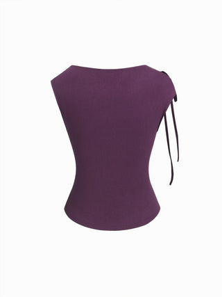 Asymmetrical Neck Bowknot Cinched Waist Ruched Tee