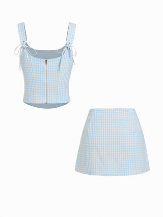 Valentine Woven U-neckline Gingham Bowknot Crop Tank Top & Low Rise Mini Skirt Set For Date