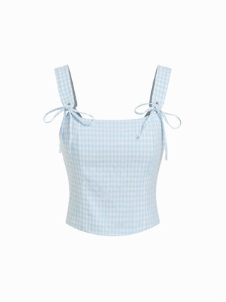 Valentine Woven U-neckline Gingham Bowknot Crop Tank Top & Low Rise Mini Skirt Set For Date