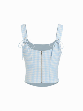 Valentine Woven U-neckline Gingham Bowknot Crop Tank Top & Low Rise Mini Skirt Set For Date
