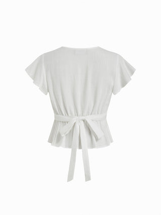 Woven Linen-blend V-neck Ruffle Sleeve Tie Back Blouse For Daily Casual Vacation