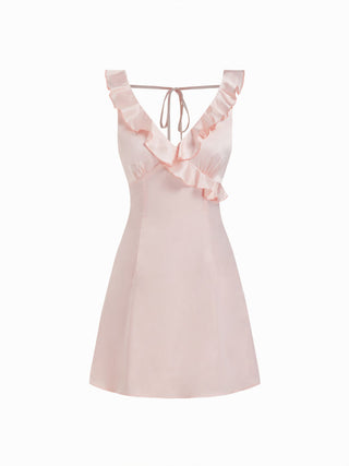 Satin Ruffle V-neck Backless A-line Mini Dress