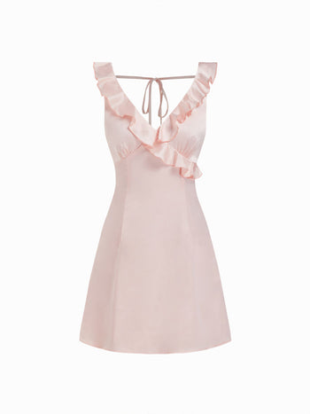 Satin Ruffle V-neck Backless A-line Mini Dress