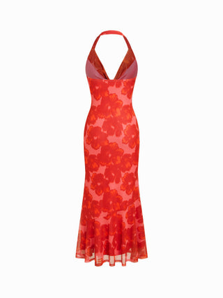 Floral Mesh Halter Neck Asymmetrical Split Mermaid Maxi Dress