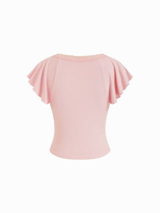 Knit Fabric  V-neck Lace Trim Tie Front Bell Sleeve Tops