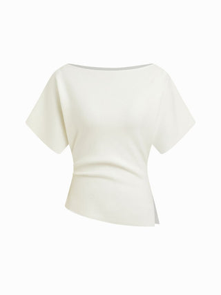 Knit Fabric Knit Boat Neck Asymmetrical Hem Spilt Batwing Sleeve Top  For Daily Casual Work