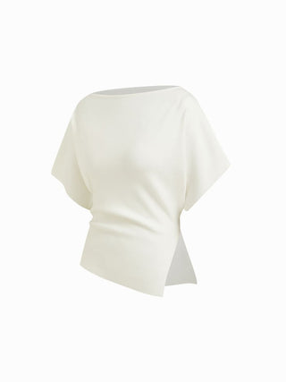 Knit Fabric Knit Boat Neck Asymmetrical Hem Spilt Batwing Sleeve Top  For Daily Casual Work