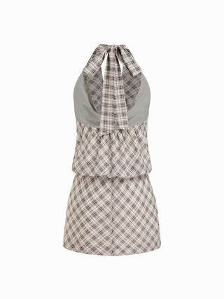 Plaid Halter Neckline Draped Straight Mini Dress