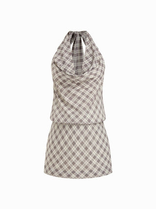 Plaid Halter Neckline Draped Straight Mini Dress