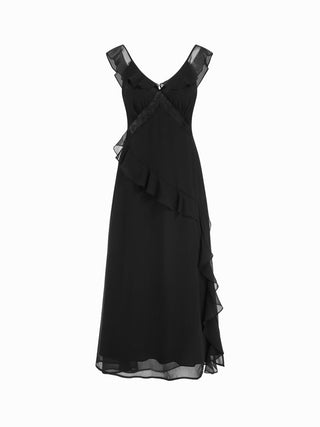 Chiffon V-neck Ruffled A-line Maxi Dress