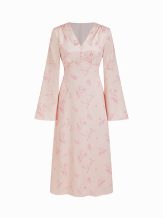 Satin V-neck Floral Lace Up Bell Sleeve Maxi Dress