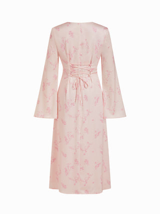 Satin V-neck Floral Lace Up Bell Sleeve Maxi Dress