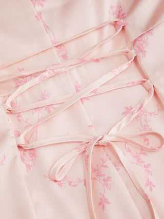 Satin V-neck Floral Lace Up Bell Sleeve Maxi Dress
