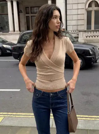 Knit V-neck Wrap Short Sleeve Top With Belt