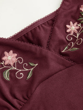 Cotton-blend V-Neck Floral Embroidery Ruched Puff Sleeve Top