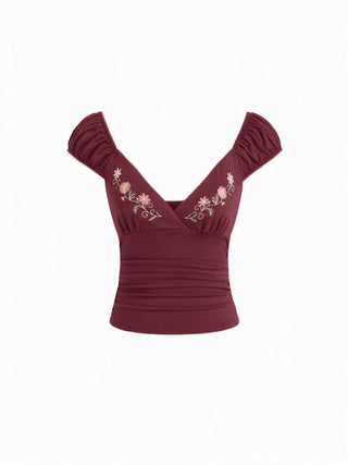 Cotton-blend V-Neck Floral Embroidery Ruched Puff Sleeve Top