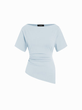 Cotton-blend Boat Neck Ruched Asymmetrical Hem Short Sleeve Tee