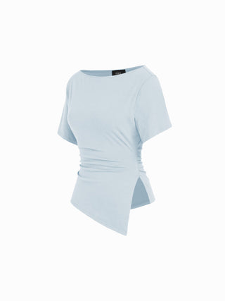 Cotton-blend Boat Neck Ruched Asymmetrical Hem Short Sleeve Tee
