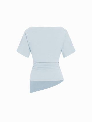 Cotton-blend Boat Neck Ruched Asymmetrical Hem Short Sleeve Tee