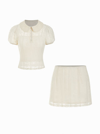 Knit Fabric Cotton-blend Lace Peter Pan Collar Top & Mid Rise Mini Skirt Set For Daily Casual Date