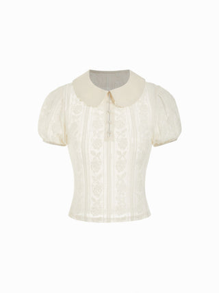 Knit Fabric Cotton-blend Lace Peter Pan Collar Top & Mid Rise Mini Skirt Set For Daily Casual Date