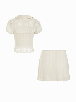 Knit Fabric Cotton-blend Lace Peter Pan Collar Top & Mid Rise Mini Skirt Set For Daily Casual Date