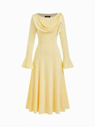 Boat Neck Bell Sleeve Draped Knotted Flared Maxi Dress