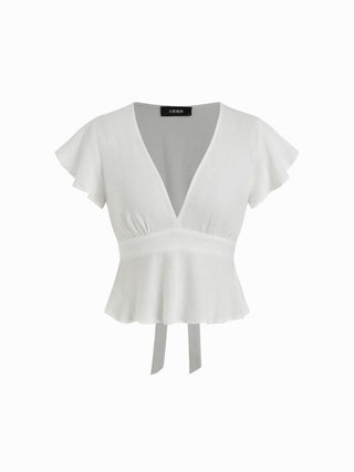 Woven Linen-blend V-neck Ruffle Sleeve Tie Back Blouse For Daily Casual Vacation