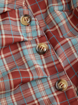 Plaid Asymmetrical Neck Ruched Short Sleeve Blouse