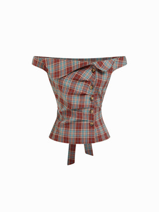 Plaid Asymmetrical Neck Ruched Short Sleeve Blouse