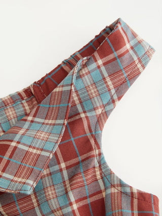 Plaid Asymmetrical Neck Ruched Short Sleeve Blouse