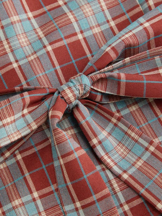 Plaid Asymmetrical Neck Ruched Short Sleeve Blouse
